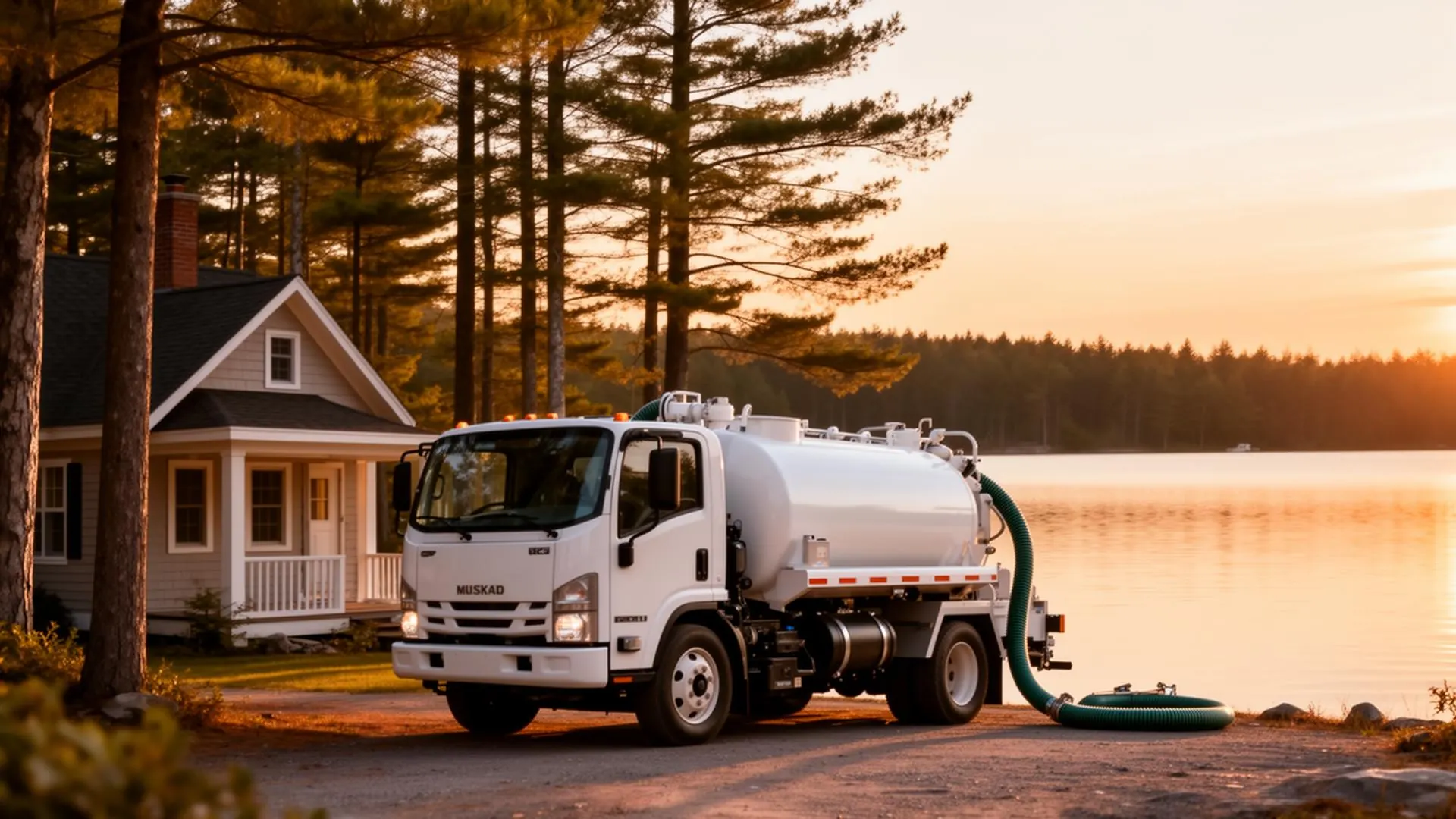 Septic pumping truck servicing a Muskoka lakeside cottage